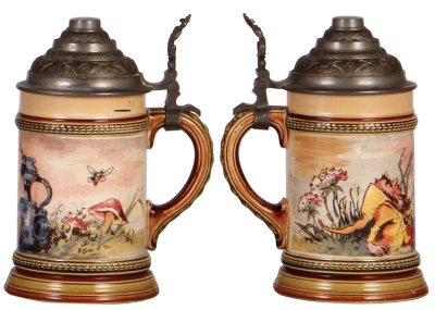 Two Mettlach steins, .5L, 1047 [2140], PUG, pewter lid, minor pewter tear; with, .25L, 962 [2179], PUG, by H. Schlitt, pewter lid, poor hairline repair.  - 3