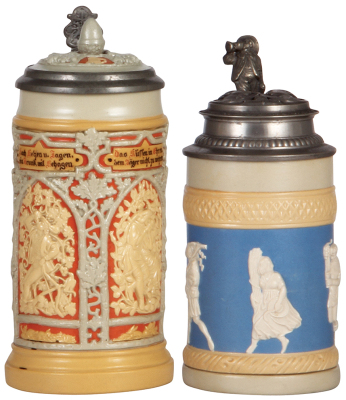 Two Mettlach steins, .5L, 24, relief, inlaid lid, mint; with, .5L, 171, relief, relief pewter lid: Kaiser and Kaiserin, mint.