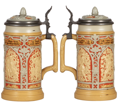 Two Mettlach steins, .5L, 24, relief, inlaid lid, mint; with, .5L, 171, relief, relief pewter lid: Kaiser and Kaiserin, mint. - 2