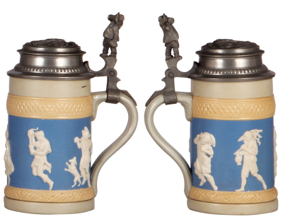Two Mettlach steins, .5L, 24, relief, inlaid lid, mint; with, .5L, 171, relief, relief pewter lid: Kaiser and Kaiserin, mint. - 3
