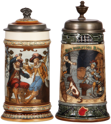 Two Mettlach steins, 1.0, 1932, etched, by C. Warth,  inlaid lid, inlay repaired, body painted on the inside; with, 1.0L, 2382, etched, by H. Schlitt, replacement pewter lid, tight 4" interior line.