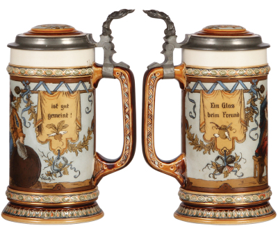 Two Mettlach steins, 1.0, 1932, etched, by C. Warth,  inlaid lid, inlay repaired, body painted on the inside; with, 1.0L, 2382, etched, by H. Schlitt, replacement pewter lid, tight 4" interior line. - 2