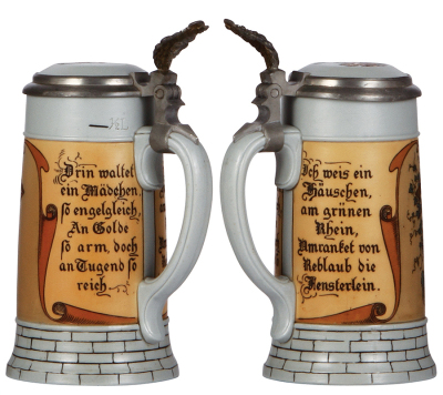 Two Mettlach steins, .5L, 2832 & 2833A, etched, inlaid lids, mint. - 2