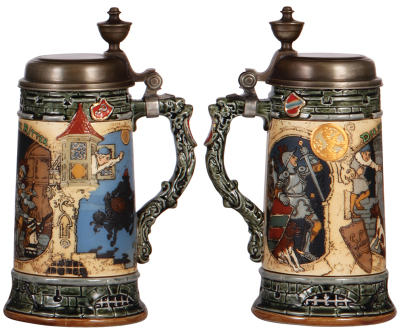 Two Mettlach steins, 1.0, 1932, etched, by C. Warth,  inlaid lid, inlay repaired, body painted on the inside; with, 1.0L, 2382, etched, by H. Schlitt, replacement pewter lid, tight 4" interior line. - 3
