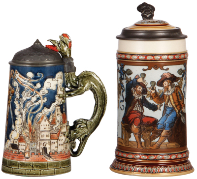 Two Mettlach steins, .5L, 1786, etched, by Otto Hupp, pewter lid, tongue repaired; with, 1.0L, 1932, etched, by C. Warth, inlaid lid, faint hairline in handle.