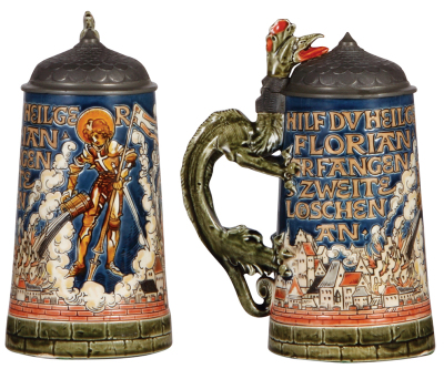 Two Mettlach steins, .5L, 1786, etched, by Otto Hupp, pewter lid, tongue repaired; with, 1.0L, 1932, etched, by C. Warth, inlaid lid, faint hairline in handle. - 2