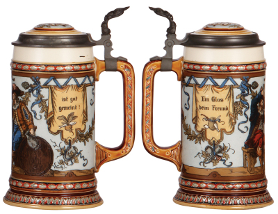 Two Mettlach steins, .5L, 1786, etched, by Otto Hupp, pewter lid, tongue repaired; with, 1.0L, 1932, etched, by C. Warth, inlaid lid, faint hairline in handle. - 3