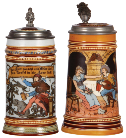 Two Mettlach steins, .5L, 1947, etched, inlaid lid, faint hairline on inlay, body mint; with, .5L, 2780, etched, inlaid lid, inlay cracks, body mint.