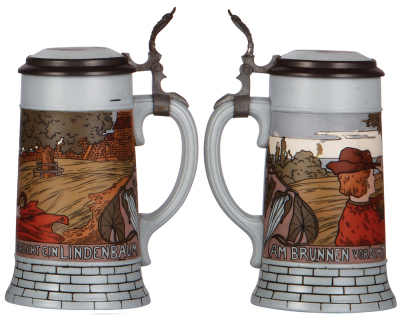 Two Mettlach steins, .5L, 2832 & 2833A, etched, inlaid lids, mint. - 3