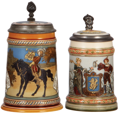 Two Mettlach steins, .5L, 2008, etched, by F. Stuck, inlaid lid, good repair of an inlay crack; with, .25L, 1725, etched, by C. Warth, inlaid lid, two .7" hairlines on inlay.