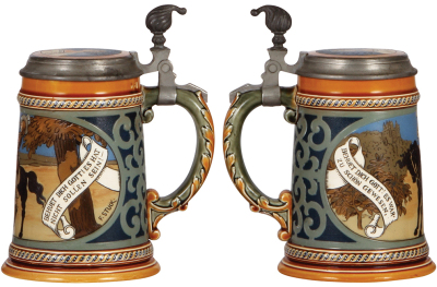 Two Mettlach steins, .5L, 2008, etched, by F. Stuck, inlaid lid, good repair of an inlay crack; with, .25L, 1725, etched, by C. Warth, inlaid lid, two .7" hairlines on inlay. - 2