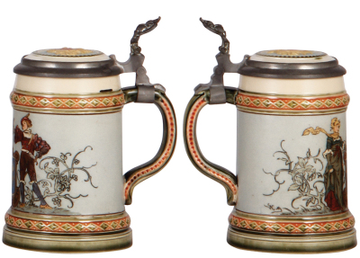 Two Mettlach steins, .5L, 2008, etched, by F. Stuck, inlaid lid, good repair of an inlay crack; with, .25L, 1725, etched, by C. Warth, inlaid lid, two .7" hairlines on inlay. - 3