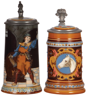Two Mettlach steins, .5L, 2776, etched, inlaid lid, very good base chip repair; with, .5L, 1454, etched, inlaid lid, interior of body painted, color has changed.