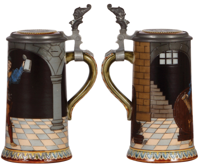 Two Mettlach steins, .5L, 2776, etched, inlaid lid, very good base chip repair; with, .5L, 1454, etched, inlaid lid, interior of body painted, color has changed. - 2