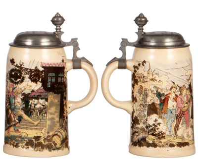 Two Mettlach steins, .5L, 732 [1909], PUG, by H. Schlitt, pewter lid, 1" horizontal base line; with, .5L, 702 [1909], PUG, pewter lid, spider line under base. - 3