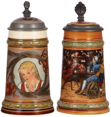 Two Mettlach steins, .5L, 2368, etched, by F. Quidenus, inlaid lid, very good handle repair; with, .5L, 1527, etched, by C. Warth, inlaid lid, mint.