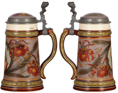 Two Mettlach steins, .5L, 2368, etched, by F. Quidenus, inlaid lid, very good handle repair; with, .5L, 1527, etched, by C. Warth, inlaid lid, mint. - 2