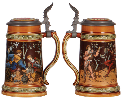 Two Mettlach steins, .5L, 2368, etched, by F. Quidenus, inlaid lid, very good handle repair; with, .5L, 1527, etched, by C. Warth, inlaid lid, mint. - 3