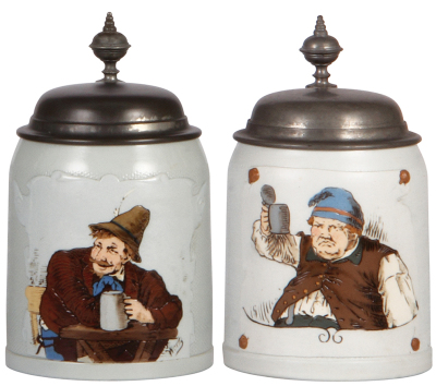 Two Mettlach steins, .5L, 1533 & 1647, etched, tapestry, by C. Warth, pewter lids, both have a very small flake in the rear on the relief banners.