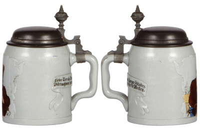 Two Mettlach steins, .5L, 1533 & 1647, etched, tapestry, by C. Warth, pewter lids, both have a very small flake in the rear on the relief banners. - 2