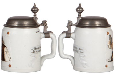 Two Mettlach steins, .5L, 1533 & 1647, etched, tapestry, by C. Warth, pewter lids, both have a very small flake in the rear on the relief banners. - 3