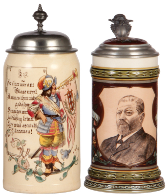 Two Mettlach steins, 1.0L, 599 [1526], PUG, pewter lid, hairline in handle; with, .5L, 1997, PUG & etched, George Ehret, inlaid lid, mint.