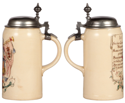 Two Mettlach steins, 1.0L, 599 [1526], PUG, pewter lid, hairline in handle; with, .5L, 1997, PUG & etched, George Ehret, inlaid lid, mint. - 2