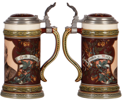 Two Mettlach steins, 1.0L, 599 [1526], PUG, pewter lid, hairline in handle; with, .5L, 1997, PUG & etched, George Ehret, inlaid lid, mint. - 3