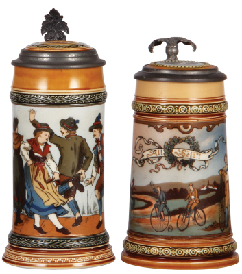 Two Mettlach steins, .5L, 1655, etched, inlaid lid, two small lower rim chips; with, .5L, 2190, etched, good inlaid lid repair, thumblift reconnected in reverse.