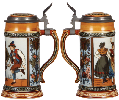 Two Mettlach steins, .5L, 1655, etched, inlaid lid, two small lower rim chips; with, .5L, 2190, etched, good inlaid lid repair, thumblift reconnected in reverse. - 2