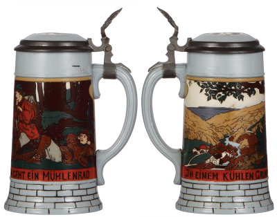 Two Mettlach steins, .5L, 2833B & 2833D, etched, inlaid lids, second has a faint owner I.D. on base, otherwise mint. - 2