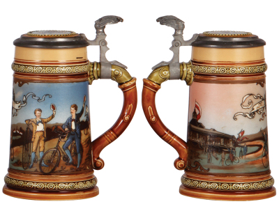 Two Mettlach steins, .5L, 1655, etched, inlaid lid, two small lower rim chips; with, .5L, 2190, etched, good inlaid lid repair, thumblift reconnected in reverse. - 3