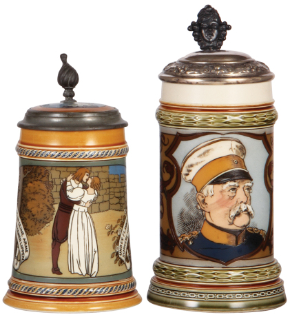 Two Mettlach steins, .5L, 2009, etched, by F. Stuck, fair inlay repair, interior painted; with, .5L, 1794, etched, by C. Warth, Bismarck, original metal lid, 1.5" horizontal base hairline.