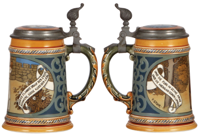 Two Mettlach steins, .5L, 2009, etched, by F. Stuck, fair inlay repair, interior painted; with, .5L, 1794, etched, by C. Warth, Bismarck, original metal lid, 1.5" horizontal base hairline. - 2