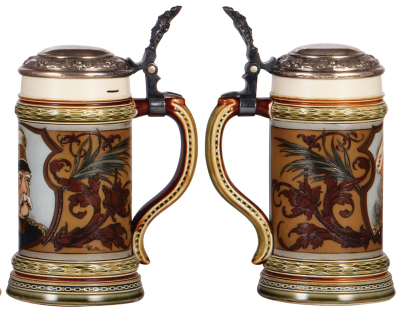Two Mettlach steins, .5L, 2009, etched, by F. Stuck, fair inlay repair, interior painted; with, .5L, 1794, etched, by C. Warth, Bismarck, original metal lid, 1.5" horizontal base hairline. - 3