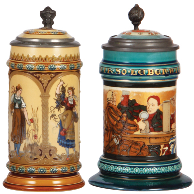 Two Mettlach steins, .5L, 1972, etched, inlaid lid, good body break repaired, interior color deteriorating; with, .5L, 2044, etched, inlaid lid, very good base break repaired, underside color change.