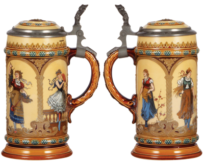 Two Mettlach steins, .5L, 1972, etched, inlaid lid, good body break repaired, interior color deteriorating; with, .5L, 2044, etched, inlaid lid, very good base break repaired, underside color change. - 2