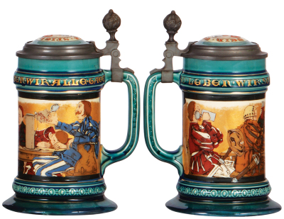 Two Mettlach steins, .5L, 1972, etched, inlaid lid, good body break repaired, interior color deteriorating; with, .5L, 2044, etched, inlaid lid, very good base break repaired, underside color change. - 3