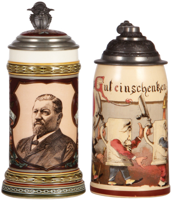 Two Mettlach steins, .5L, 1997, etched & PUG, George Ehret Brewery, inlaid lid, good repair to bottom of handle; with, .5L, 726 [1909], PUG, pewter lid, mint.