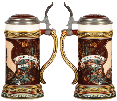 Two Mettlach steins, .5L, 1997, etched & PUG, George Ehret Brewery, inlaid lid, good repair to bottom of handle; with, .5L, 726 [1909], PUG, pewter lid, mint. - 2