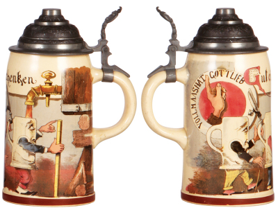 Two Mettlach steins, .5L, 1997, etched & PUG, George Ehret Brewery, inlaid lid, good repair to bottom of handle; with, .5L, 726 [1909], PUG, pewter lid, mint. - 3