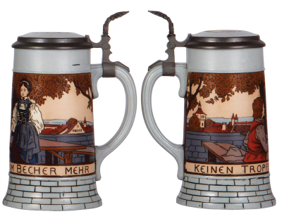 Two Mettlach steins, .5L, 2833B & 2833D, etched, inlaid lids, second has a faint owner I.D. on base, otherwise mint. - 3