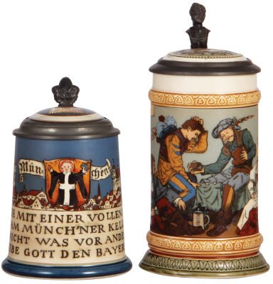 Two Mettlach steins, .5L, 2002, etched, München, inlaid lid, mint; with, .5L, 2441, etched, Gamblers, inlaid lid, mint.
