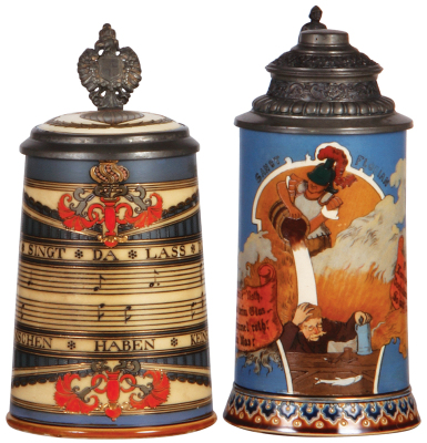 Two Mettlach steins, .5L, 2097, etched, inlaid lid, line through bottom of handle; with, .5L, 2091, etched, by H. Schlitt, original pewter lid with fireman thumblift, mint.