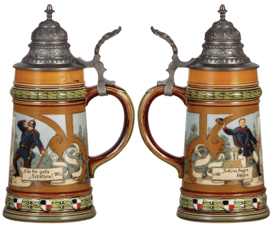 Two Mettlach steins, .5L, 2029, etched, pewter lid is old replacement, good hairline repair in rear by handle; with, .5L, 1947, etched, inlaid lid is new replacement, body mint. - 2