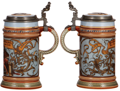 Two Mettlach steins, .5L, 2029, etched, pewter lid is old replacement, good hairline repair in rear by handle; with, .5L, 1947, etched, inlaid lid is new replacement, body mint. - 3