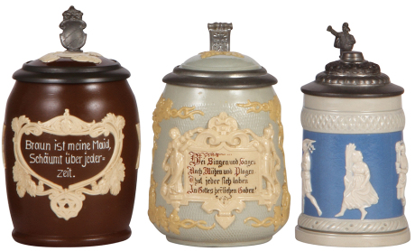 Three Mettlach steins, .5L, 2942, relief, inlaid lid, mint; with, .5L, 1370, by Hein, inlaid lid, mint; with, .25L, 171, relief, original pewter lid, base chip in rear.