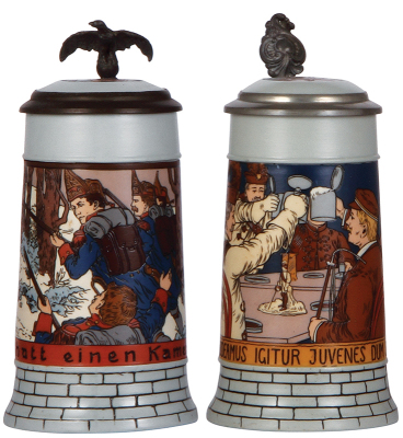Two Mettlach steins, .5L, 2833E & 2833F, etched, inlaid lids, mint.