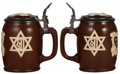 Three Mettlach steins, .5L, 2942, relief, inlaid lid, mint; with, .5L, 1370, by Hein, inlaid lid, mint; with, .25L, 171, relief, original pewter lid, base chip in rear. - 2