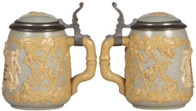 Three Mettlach steins, .5L, 2942, relief, inlaid lid, mint; with, .5L, 1370, by Hein, inlaid lid, mint; with, .25L, 171, relief, original pewter lid, base chip in rear. - 3